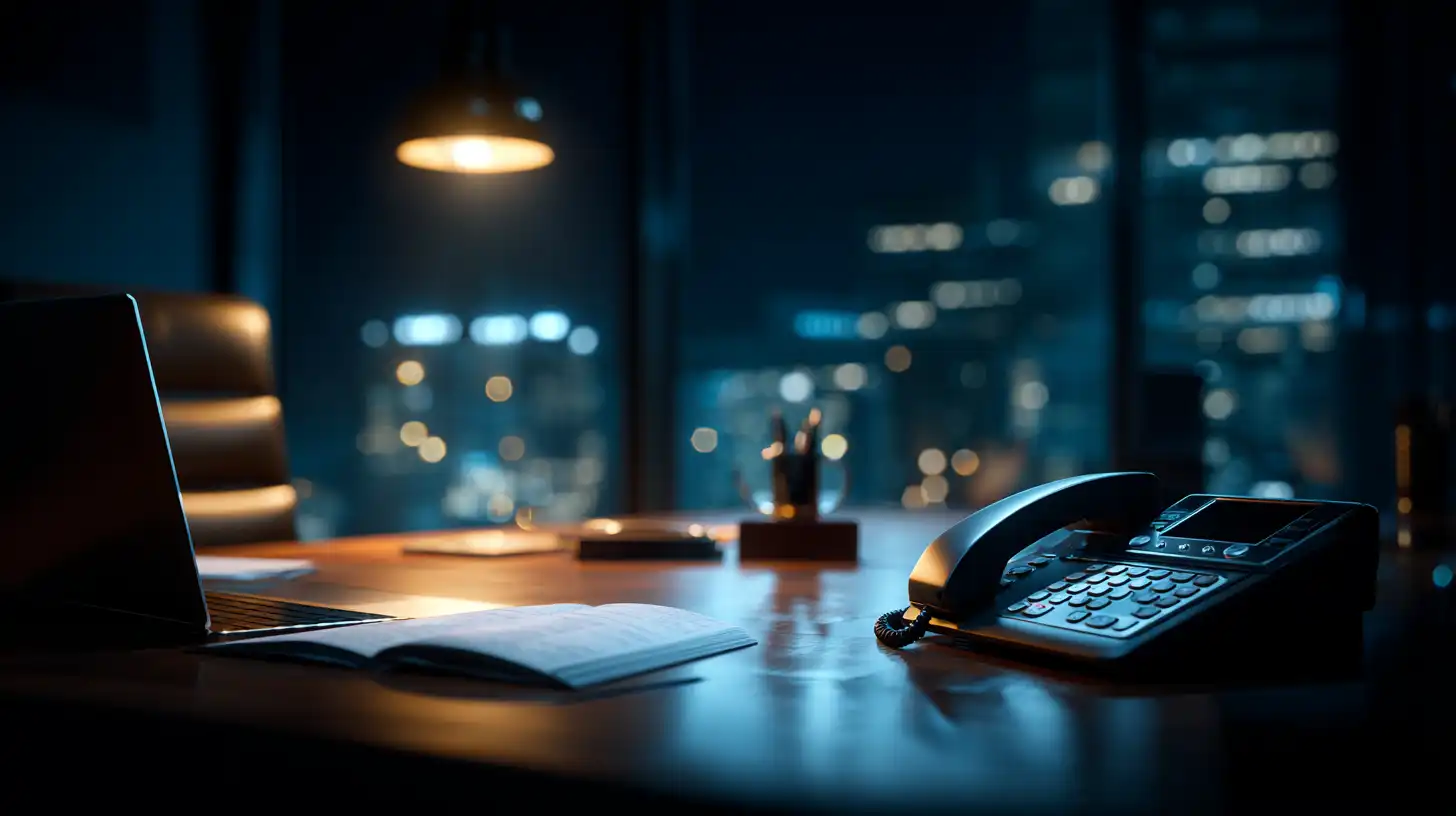 Scrivania di un ufficio ordinata con un laptop e un telefono fisso appoggiati
