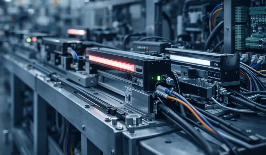 Macchinario di sensori industriali con barra luminosa rossa.